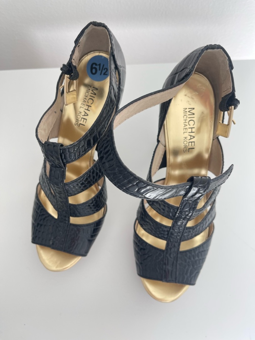 Michael Kors Black Croc-Embossed Strappy Heels with Gold Insole